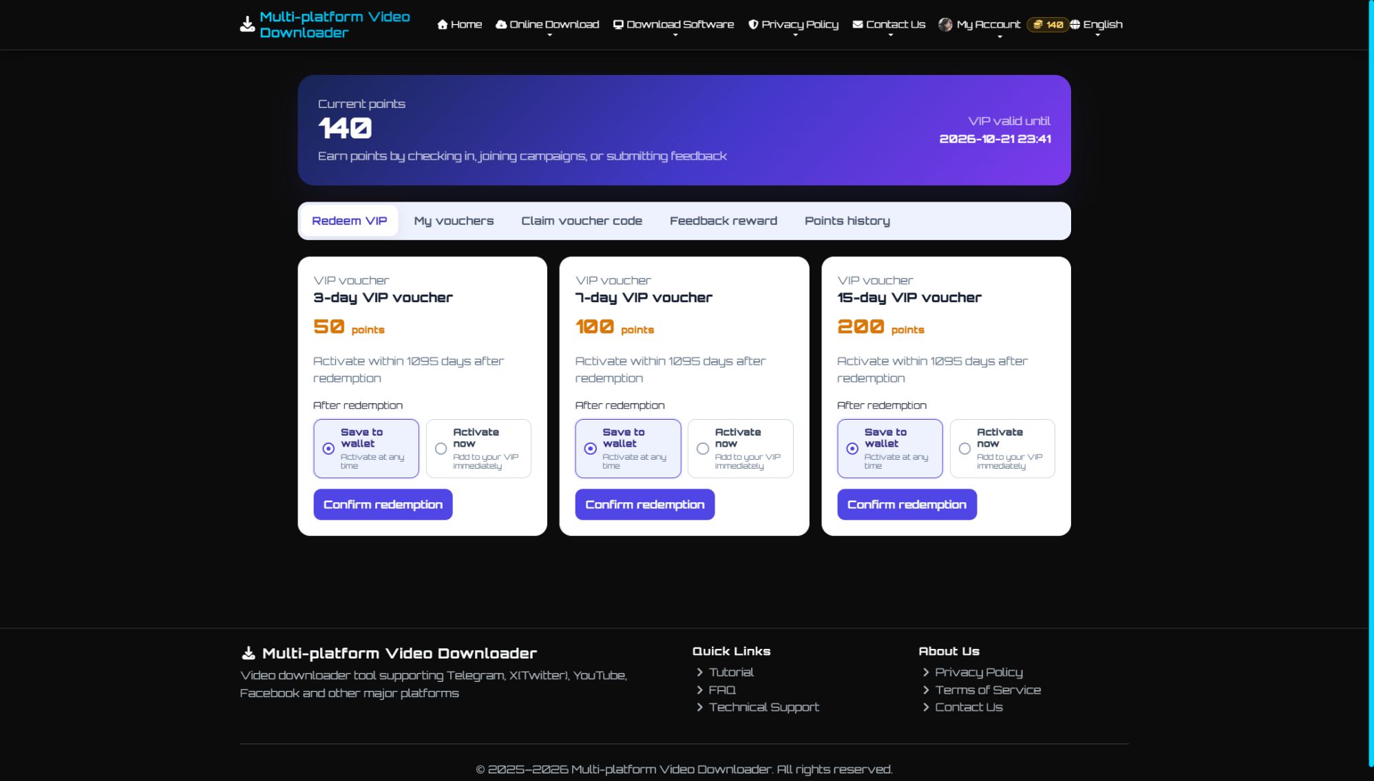 DownloadVideos365 points redemption store showing the 3-day, 7-day, and 15-day VIP coupons available to Telegram Video Downloader users