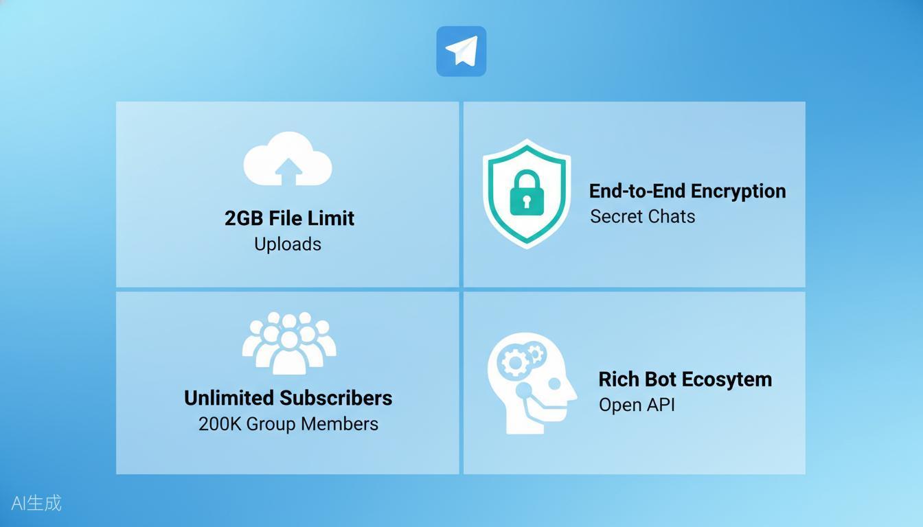 Telegram feature overview, including file uploads, channels, and bots