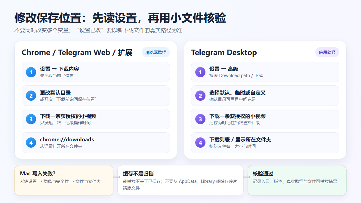Process of modifying Chrome and Telegram Desktop download locations and verifying files