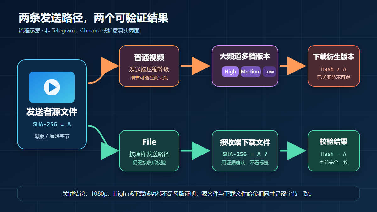 Telegram 视频以普通视频或文件方式发送后的质量路径示意